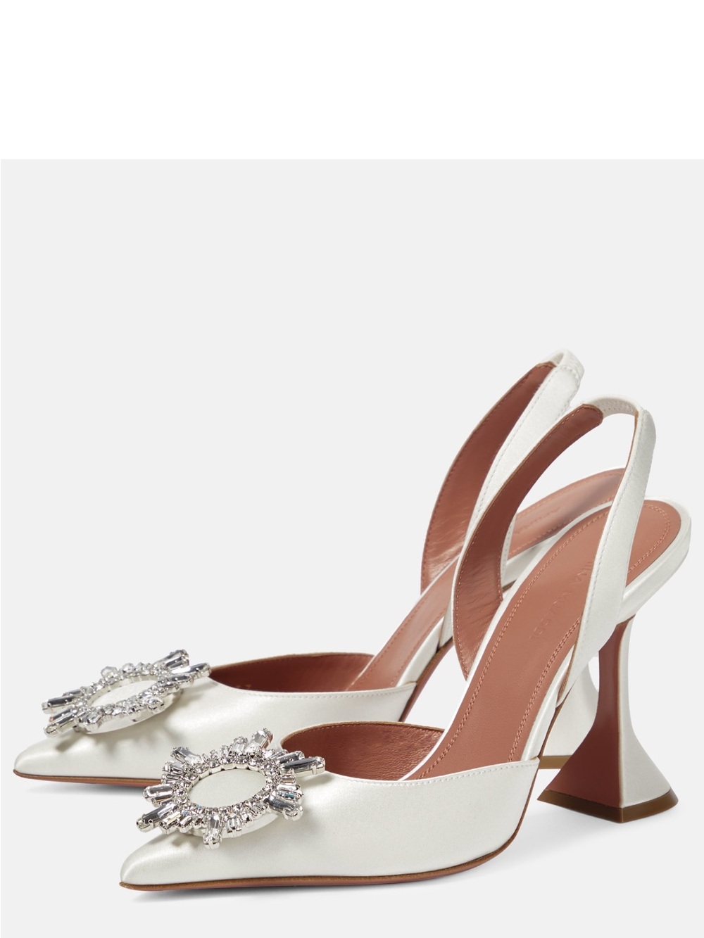 Amina Muaddi Ivory Satin Slingback Heels with Crystal Buckle - Picture 3 of 5